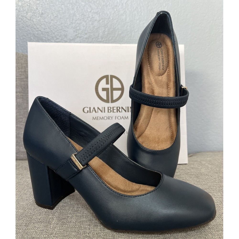 New in Box Giani Bernini Mary Jane Heels Pumps Memory Foam Navy Blue - Size 6.5